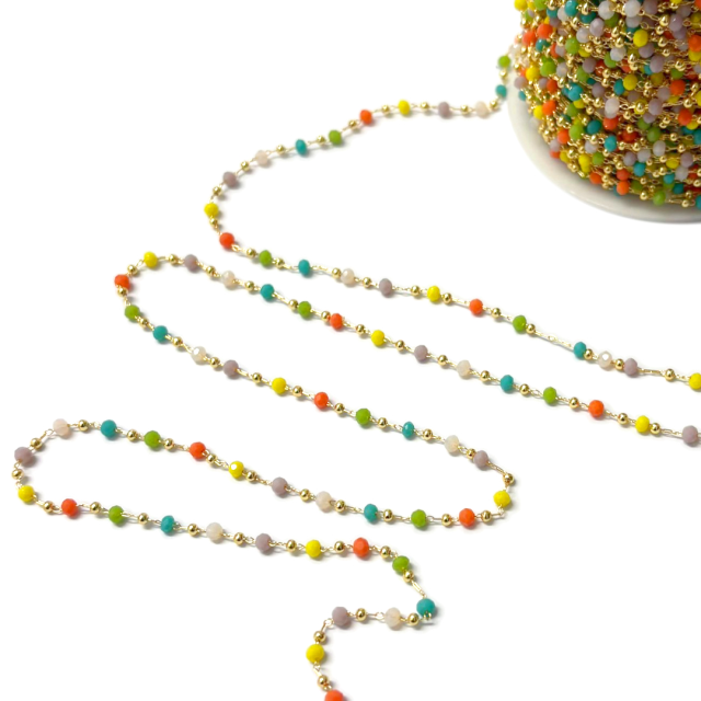 CADENA CRISTALES F1355 (3X2MM) MULTICOLOR  - BAÑO DE ORO