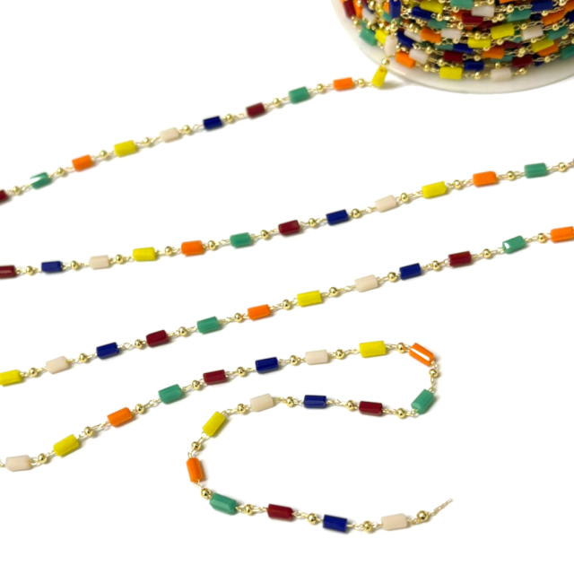 CADENA CRISTALES F1504 (5X3MM) TUBOS MULTICOLOR  - BAÑO DE ORO